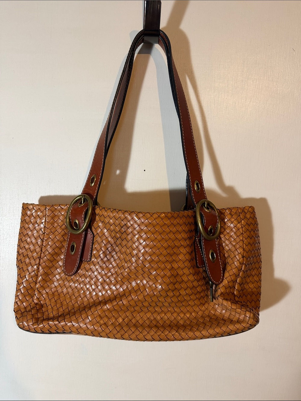 Vintage Fossil Woven Tan Leather Shoulder Bag